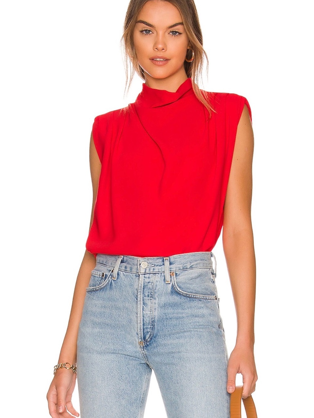 Amanda Uprichard Red Sleeveless Mock Neck Blouse